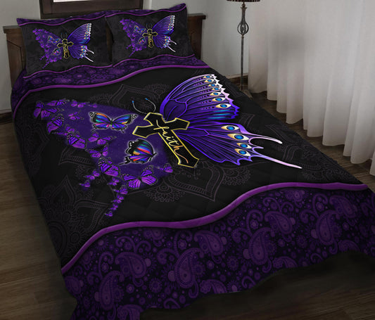 Butterfly Faith Christian Cross Quilt Bedding Set HN011001T