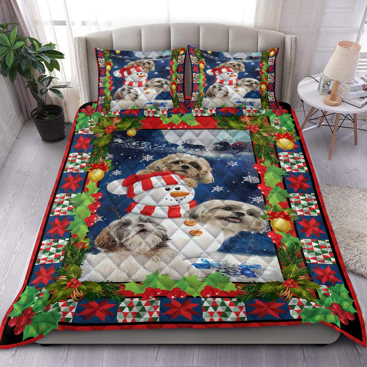 Shih Tzu With Snowman Quilt Bedding Set HN270902T