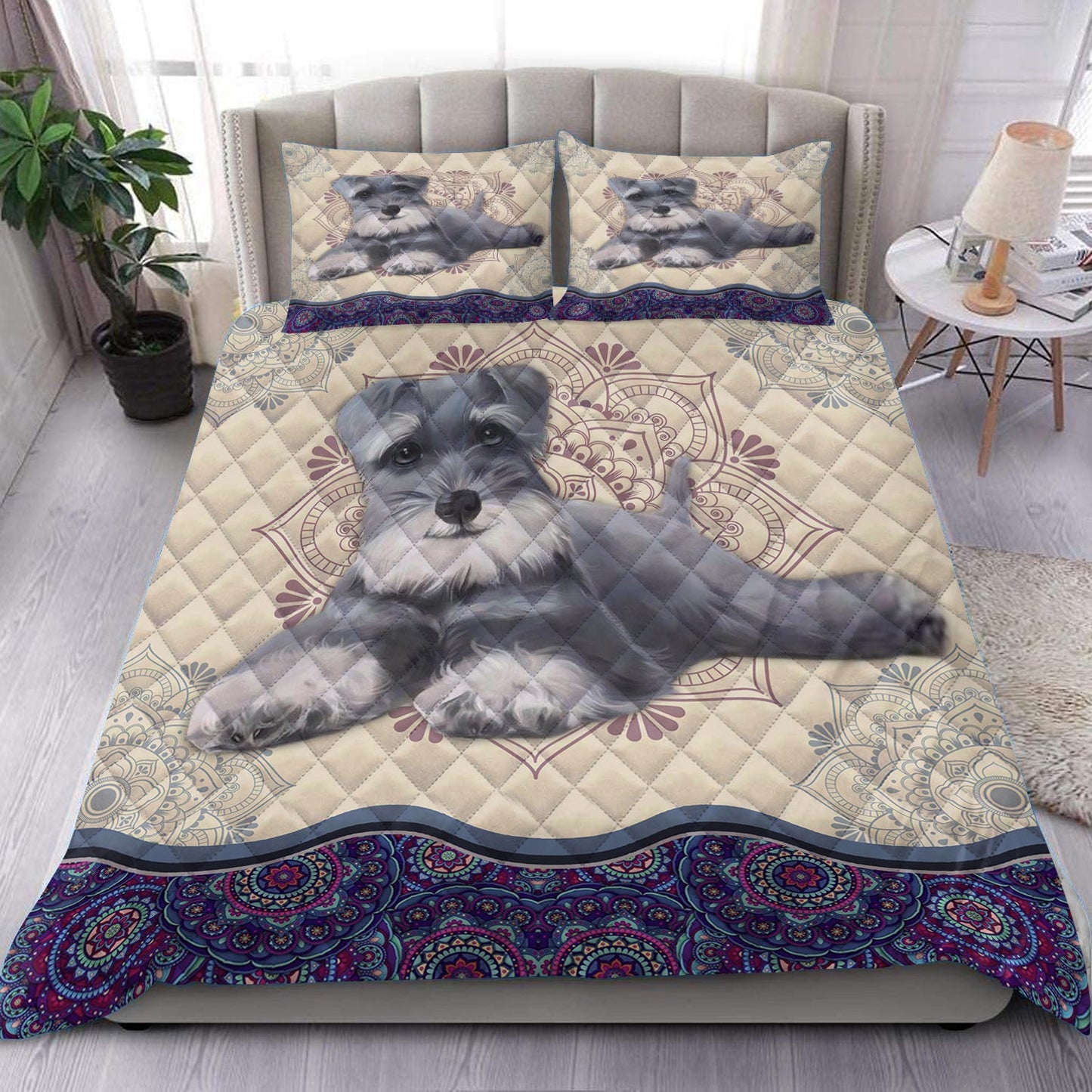 Mandala Miniature Schnauzer Quilt Bed Sheet HN180903T
