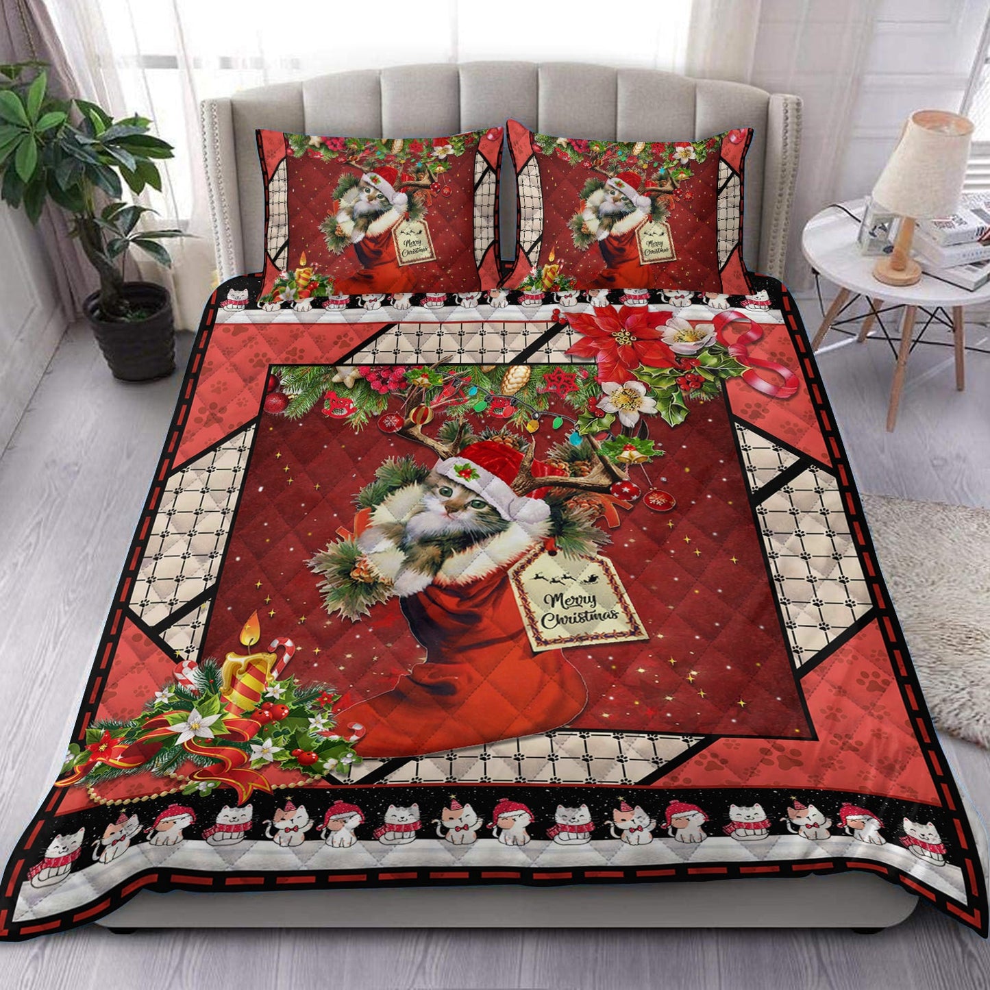 Cat In Christmas Sock Quilt Bed Sheet HN210903T