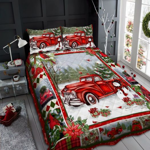 Red Truck Christmas Quilt Bedding Set HT240920